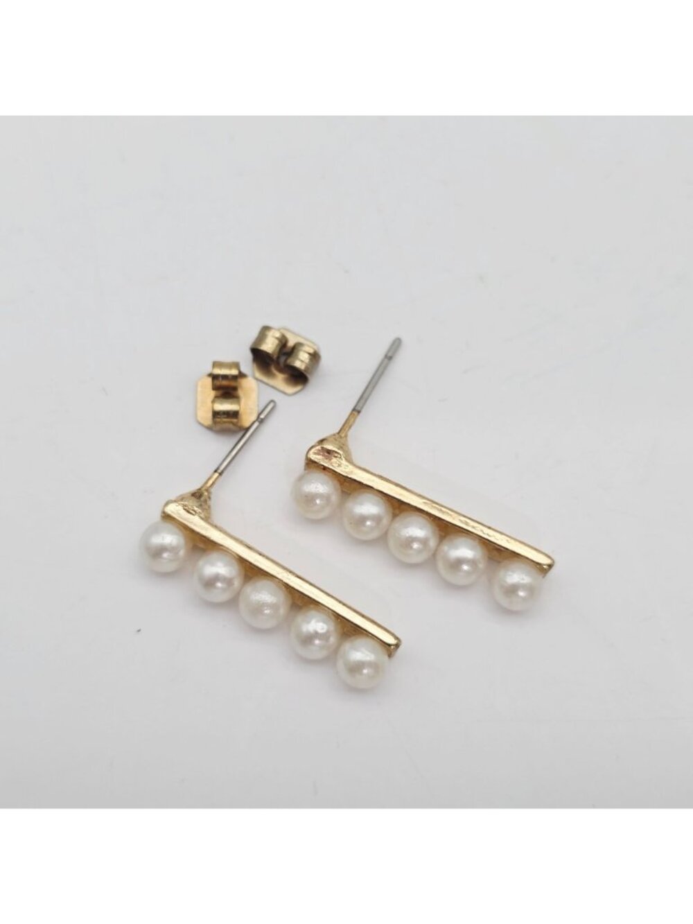 Gold-Tone Bar Earrings With Faux Pearl Accents Post Back Closure - Picture 3 of 5